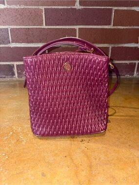 Anne Klein Quilted Plum Crossbody Satchel with Gold Logo